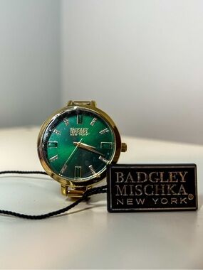 Badgley Mischka Gold Green Sunburst Dial Bangle Watch NWT